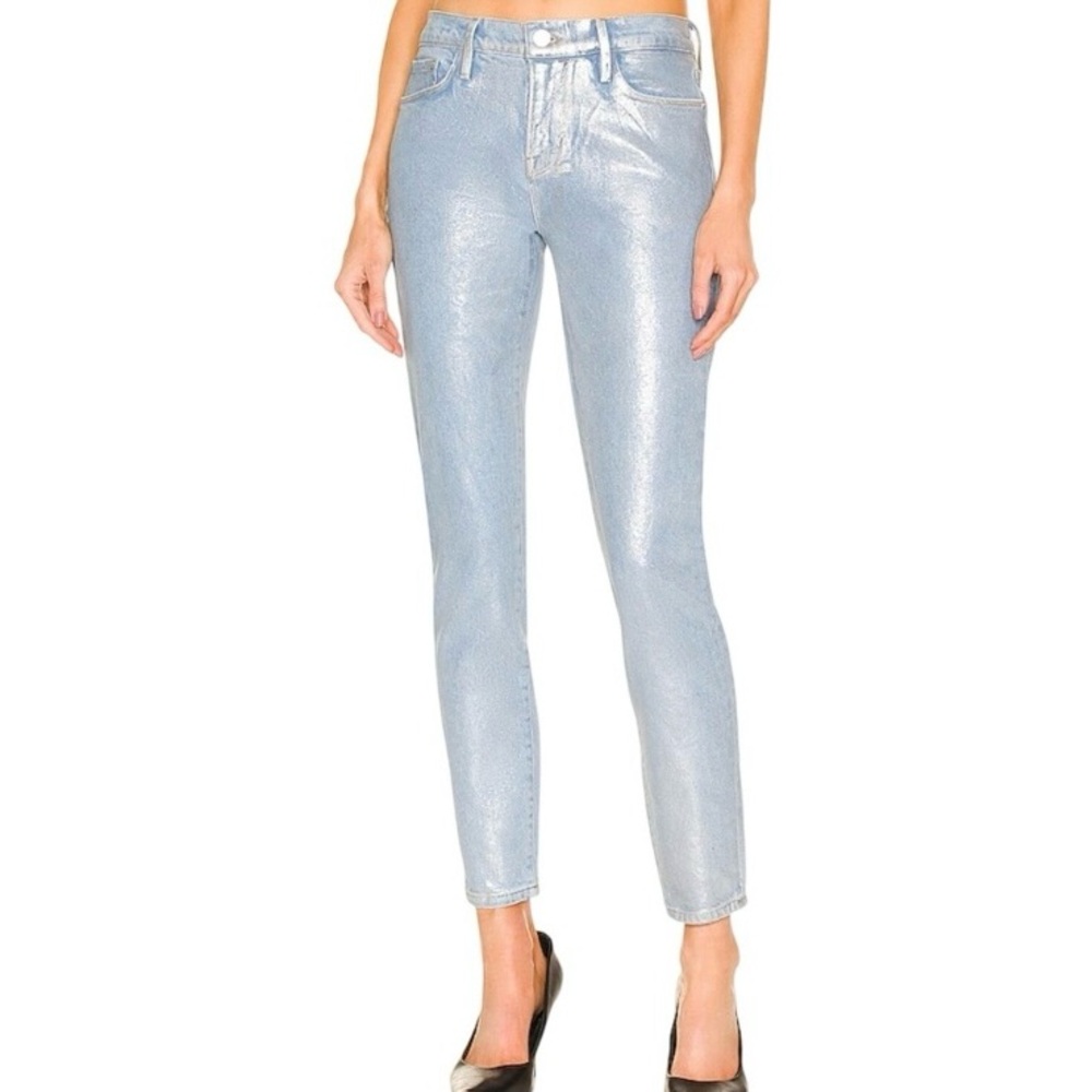 Frame Denim Shimmer Le Skinny De Jeanne All Over Foil in Chrome Size 30